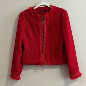 DStudio Canada Tweed Bomber Jacket Fur Fringe Lace Circle Neck Sz 10 In Red